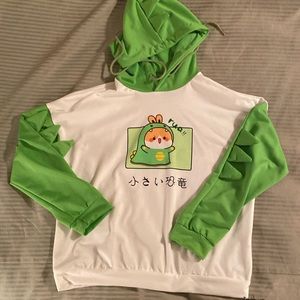NWOT Women’s Green and White Dinosaur Hooded Sweatshirt.  Size M
